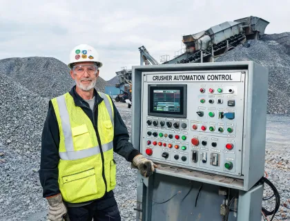 Process engineering lead beside crusher control panel